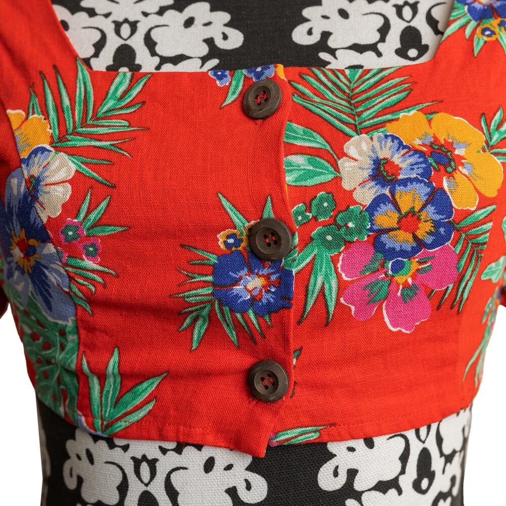 Francescas Miami Red Linen Floral Button-Up Cropped Tropical Hibiscus Resortwear - Picture 8 of 11
